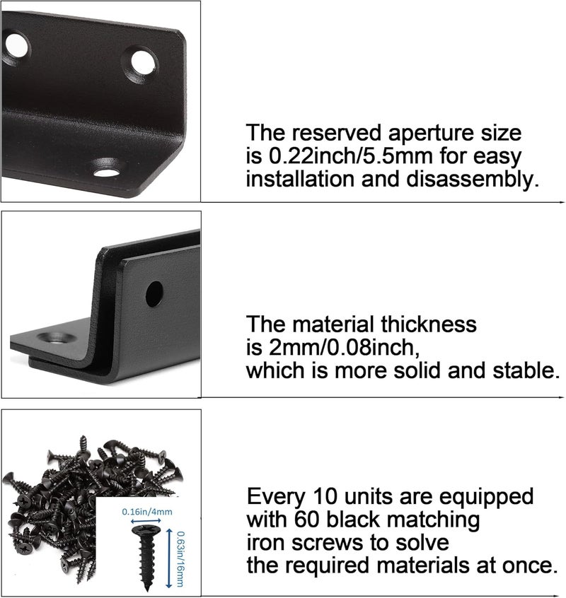 Redunest L Bracket, Heavy Duty Corner Brace, 10 Pack 8" Metal Shelf Bracket Angle Bracket for Shelves, Black Metal Braces for Wood, 200mm Overall Length - Image 3